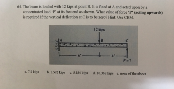 64. The beam is loaded with 12 kips at point B. It is fixed at A and acted upon by a concentrated load P at its free end as