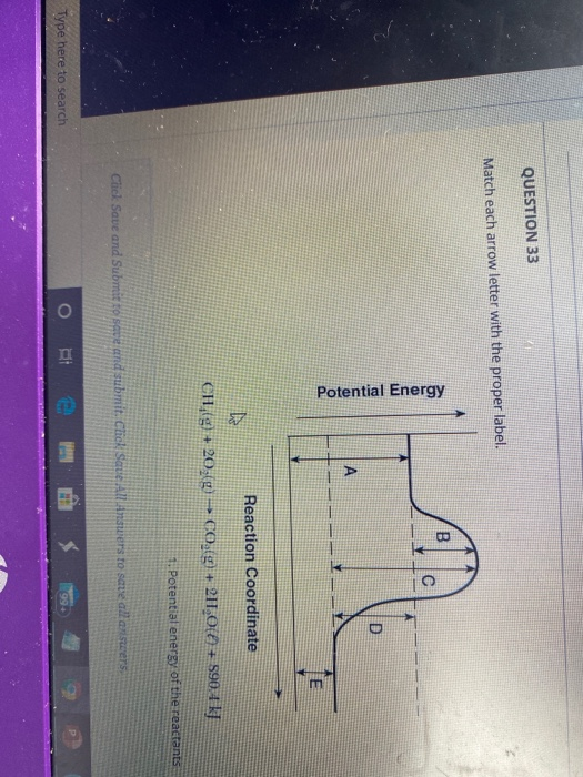 QUESTION 33 Match each arrow letter with the proper label. B C Potential Energy D A E Reaction Coordinate CH(g) + 2O5(g)-CO-(