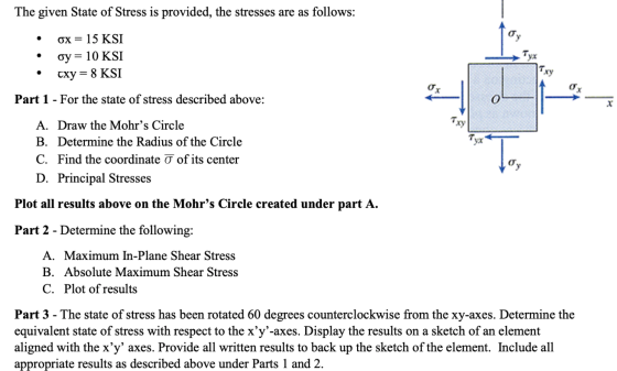 The given State of Stress is provided, the stresses are as follows: • ox= 15 KSI oy= 10 KSI • txy = 8 KSI Part 1 - For the st