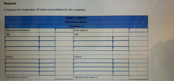Required: 1. Prepare the September 30 bank reconciliation for this company. CHAVEZ COMPANY Bank Reconciliation September 30 B