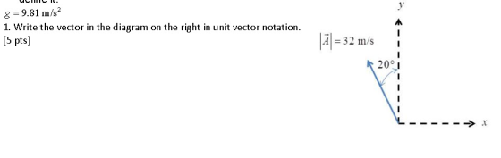 g = 9.81 m/s2 1. Write the vector in the diagram on the right in unit vector notation 5 pts A -32 m/s A 32 m/s 20°I
