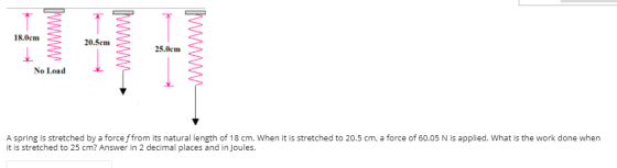 18.0cm 20.5cm 25.0cm No Load A spring is stretched by a force f from its natural length of 18 cm. When it is stretched to 20.