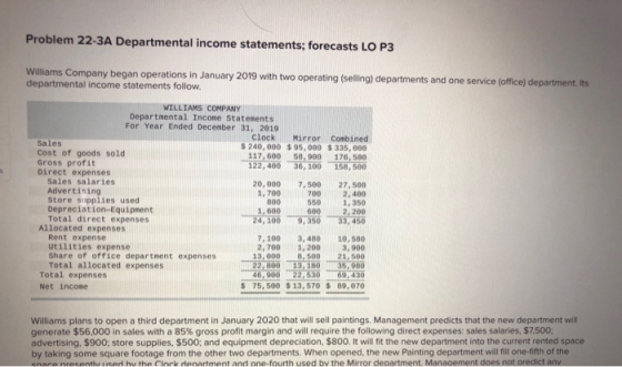 Problem 22-3A Departmental income statements; forecasts LO P3 Williams Company began operations in January 2019 with two oper