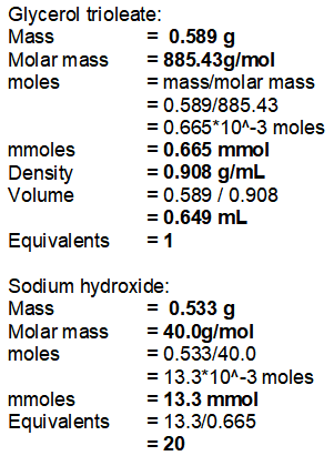 Glycerol trioleate: Mass = 0.589 g Molar mass = 885.43g/mol moles = mass/molar mass = 0.589/885.43 = 0.665*10^-3 moles mmoles