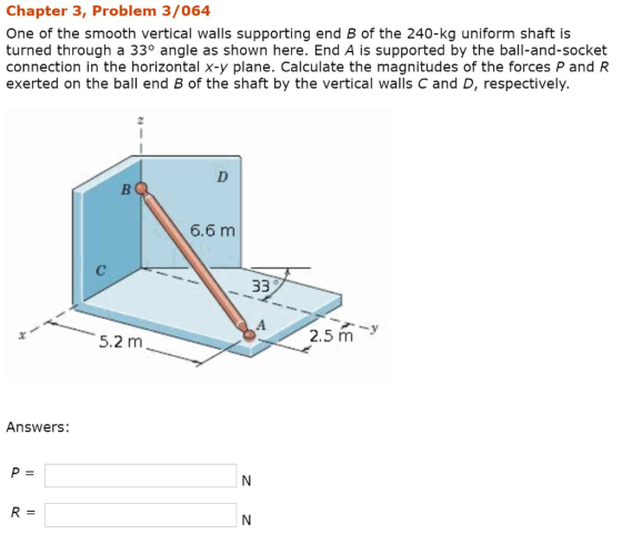 Chapter 3, Problem 3/064 One of the smooth vertical walls supporting end B of the 240-kg uniform shaft is turned through a 33