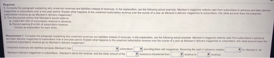 Required 1. Complete the paragraph explaining why unearmed reverues are liablities instead of revenues. In the explanation, u