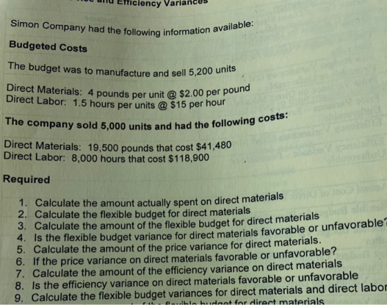 NU Elticiency Variances Simon Company had the following information ng information available: Budgeted Costs The budget was t