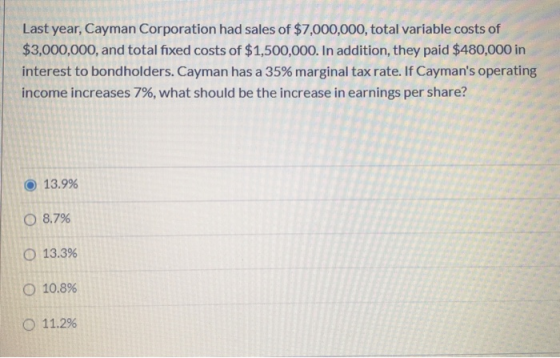 Last year, Cayman Corporation had sales of $7,000,000, total variable costs of $3,000,000, and total fixed costs of $1,500,00