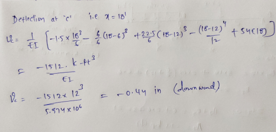 Deflection at c h e n=181 ..4 U (-155*18?- (18-65° +225(18-12) – (18-12) +suelo) A-1312.6-43 EL EI De = - 1512 x 12 = -0.44 i