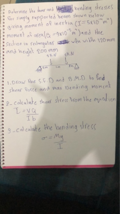 Delermine he shear and fimply supported beam shown below mome nt of inertia (I= 5xi0 m) ending shresses el giving moment of a