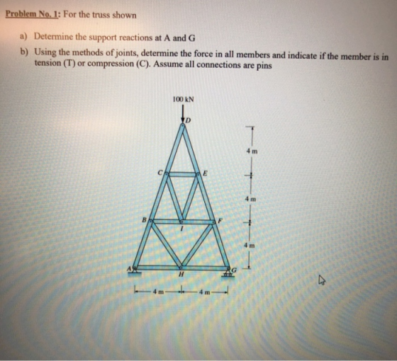 Problem No. 1: For the truss shown a) Determine the support reactions at A and G b) Using the methods of joints, determine th