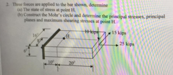 2. Three forces are applied to the bar shown, determine (a) The state of stress at point H (b) Construct the Mohrs circle an