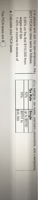 For people wno are not seir-employed, the 2012 FICA tax rates were as follows: 5.65% on the first $110,000 from wages and tip