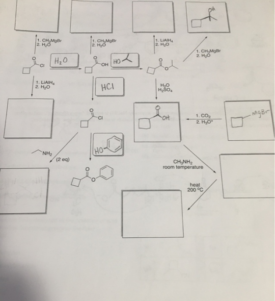 1. CH MgB 2 HO 1. CH3MOBI 2. HO 1. CHẠMgB 2. HO 1. LiAIHA 2. H2O HCI H2SO MaBr (2 eq) CH3NH2 room temperature heat 200 °C