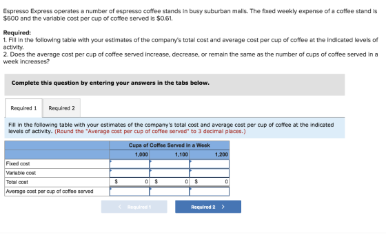 Espresso Express operates a number of espresso coffee stands in busy suburban malls. The fixed weekly expense of a coffee stand is $600 and the variable cost per cup of coffee served is $0.61. Required 1. Fill in the following table with your estimates of the companys total cost and average cost per cup of coffee at the indicated levels of activity 2. Does the average cost per cup of coffee served increase, decrease, or remain the same as the number of cups of coffee served in a week increases? Complete this question by entering your answers in the tabs below Required 1 Required 2 Fill in the following table with your estimates of the companys total cost and average cost per cup of coffee at the indicated levels of activity. (Round the Average cost per cup of coffee served to 3 decimal places.) Cups of Coffee Served in a Week 1,000 1,100 1,200 Fixed cost Variable cost Total cost Average cost per cup of coffee served 0 Required 1 Required 2
