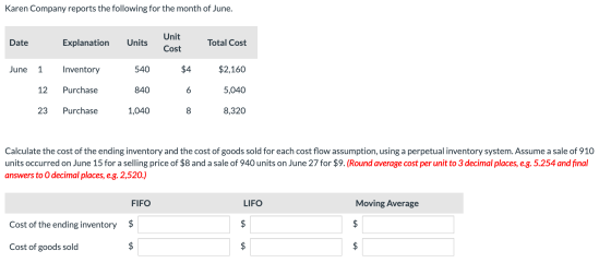 Karen Company reports the following for the month of June. Unit Units Total Cost Date Explanation Cost $4 $2,160 June 1 Inven