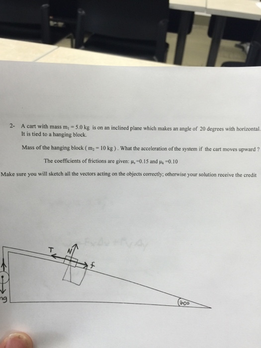 A cart with mass m_1 = 5.0 kg is on an inclined pl