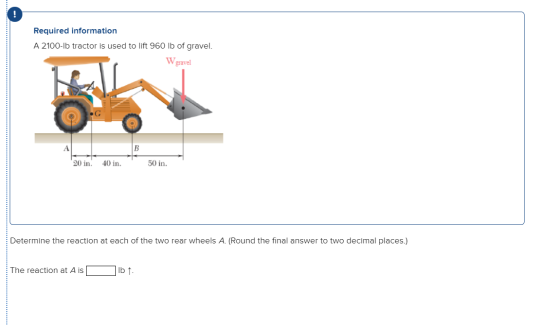 Required information A 2100-Ib tractor is used to lift 960 lb of gravel. W gravel 20 in 40 in 50 in. Determine the reaction a