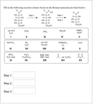 OH Fill in the following reaction scheme based on the Roman numerals provided below: но H OH HO HO-H Step 1 HO-H Step 2 H H-O