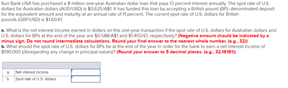 Sun Bank USA has purchased a 8 million one-year Australian dollar loan that pays 13 percent interest annually. The spot rate