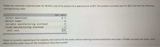 Potter has received a special order for 18,000 units of its product at a special price of $17. The product normally sells for