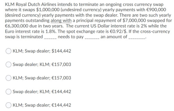 KLM Royal Dutch Airlines intends to terminate an ongoing cross currency swap where it swaps $1,000,000 (undesired currency) y