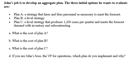 Johns job is to develop an aggregate plan. The three initial options he wants to evaluate are Plan A: a strategy that hires