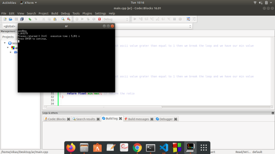 Activities XTerm Tue 10:16 main.cpp [ar] - Code::Blocks 16.01 File Edit View Search Project Build Debug Tools Plugins Setting