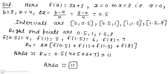 sol. Here f(3) = 2X+3, 2=0 to x=2 ie Q=0, b=2, n=4, 4x = biance - 2-0 -0.5 ។ Intervals are [0, 0.5], [0.5,1],[1,1.5], [1.5,27