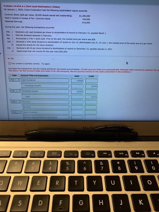 Problem 14-01A a-c (Part Level Submission) (Video) On January 1, 2020, Crane Corporation had the following stockholders equi