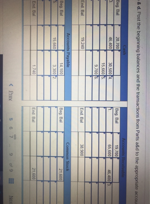 & d. Post the beginning balances and the transactions from Parts a&d to the appropriate accou Beg. Bal 3. Cash 28,700 46,400
