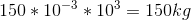 150*10^{-3}*10^{3} = 150 kg