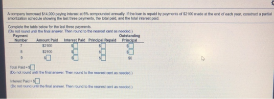 A company borrowed $14,000 paying interest at 6% compounded annually. If the loan is repaid by payments of $2100 made at the