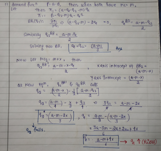 MC= m, 1.) demand funch P= a-Q, then when both have let then ti= (a-9-92-m) q Ti= a-92-m) q-912 i ani (a -92 m) - 24 =o q BR