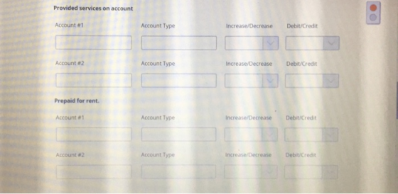 Provided services on account Account #1 Account Type Increase/Decrease Debit/Credit Account Type Increase/Decrease Debit/Cred