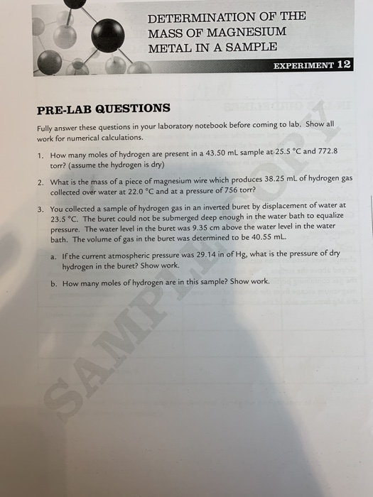 DETERMINATION OF THE MASS OF MAGNESIUM METAL IN A SAMPLE EXPERIMENT 12 PRE-LAB QUESTIONS Fully answer these questions in your