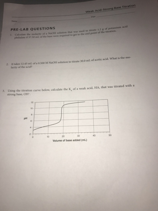 Weak Acid-Strong Base Titration Date Nanse PRE-LAB OUESTIONS 1 Calculate the molarity of a NaOH solution that was used to tit