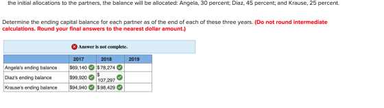 the initial allocations to the partners, the balance will be allocated: Angela, 30 percent; Diaz, 45 percent; and Krause, 25