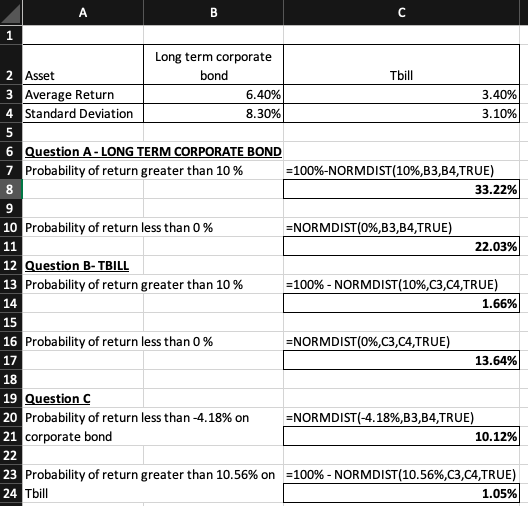 Tbill 2 Asset 3 Average Return 4 Standard Deviation Long term corporate bond 6.40% 8.30% 3.40% 3.10% 6 Question A - LONG TERM