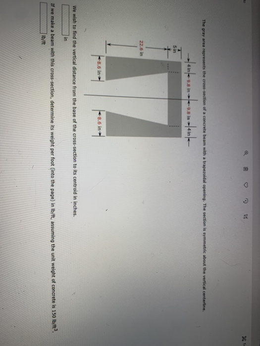 C %E The gray area represents the cross-section of a concrete beam with a trapezoidal opening. The section is symmetric about