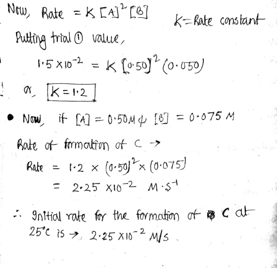 Now, Rate = k [4] [6] K-Rate constant - Pulting trial o value, - 105X10-2 = k (050)? (0.050) Las k=1:2] • Now, it [4] = 0.50M
