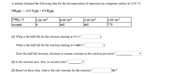 A student obtained the following data for the decomposition of ammonia on a tungsten surface at 1100 °C. NH3(g) *1/2 N2(g) +