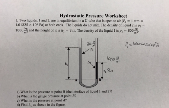 Hydrostatic Pressure Worksheet 1. Two liquids, 1 and 2, are in equilibrium in a U-tube that is open to air (Po 1 atm- 1.01325 × 105 Pa) at both ends. The liquids do not mix. The density of liquid 2 is 1000 g and the height of it is h2 8 m. The density of the liquid I is p 800 m3 Pl 000 A P2 hi a) What is the pressure at point B (the interface of liquid I and 2)? b) What is the gauge pressure at point B? c) What is the pressure at point A? d) Find hi as shown in the figure.