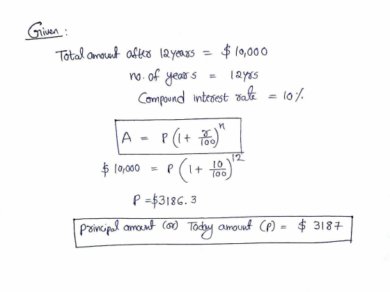 Given : Total amount after layears = $10,000 no. of year s = 12yos Compound interest rate = 10% A = P(1+ you $10,000 = P(1+