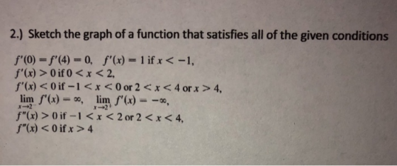 2.) Sketch the graph of a function that satisfies all of the given conditions f(0) = f(4) = 0, f(x) = 1 if x < -1, f(x) >