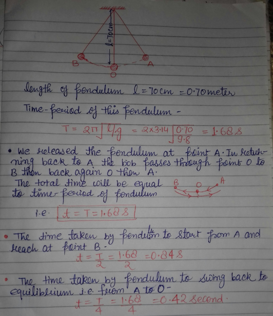 Time-pesiod o thus pendulum 9-8 hle Heleased the pendulium at point A. Tn ketuse B thom baek again o h A The -total time will be eual e The dime taken by Bendutn te Stout aom A ome keach at point B 68 -0.848 The thme takon b pendulum te dhong waek to to O 4 4