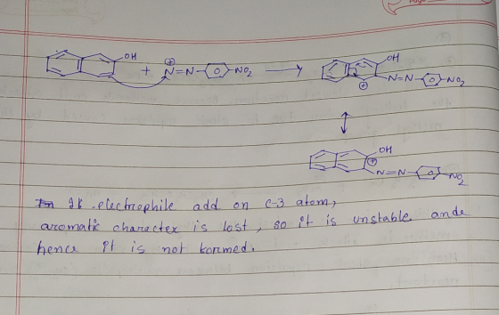 Puy Puy OH -OH c-3 atom, so it is unstable In 16 electrophile add on aromatic character is lost hence it is not kormed. ande