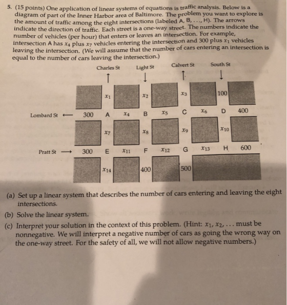 5. (15 points) One application of linear systems of equations is traffic analysis. Below is a diagram of part of the Inner Ha