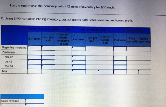 For the entire year, the company sells 442 units of inventory for $66 each. 2. Using LIFO, calculate ending inventory, cost o
