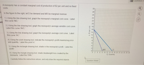 Amonopoly has a constant marginal cost of production of $2 per unit and no foed costs In the figure to the right, let D be de